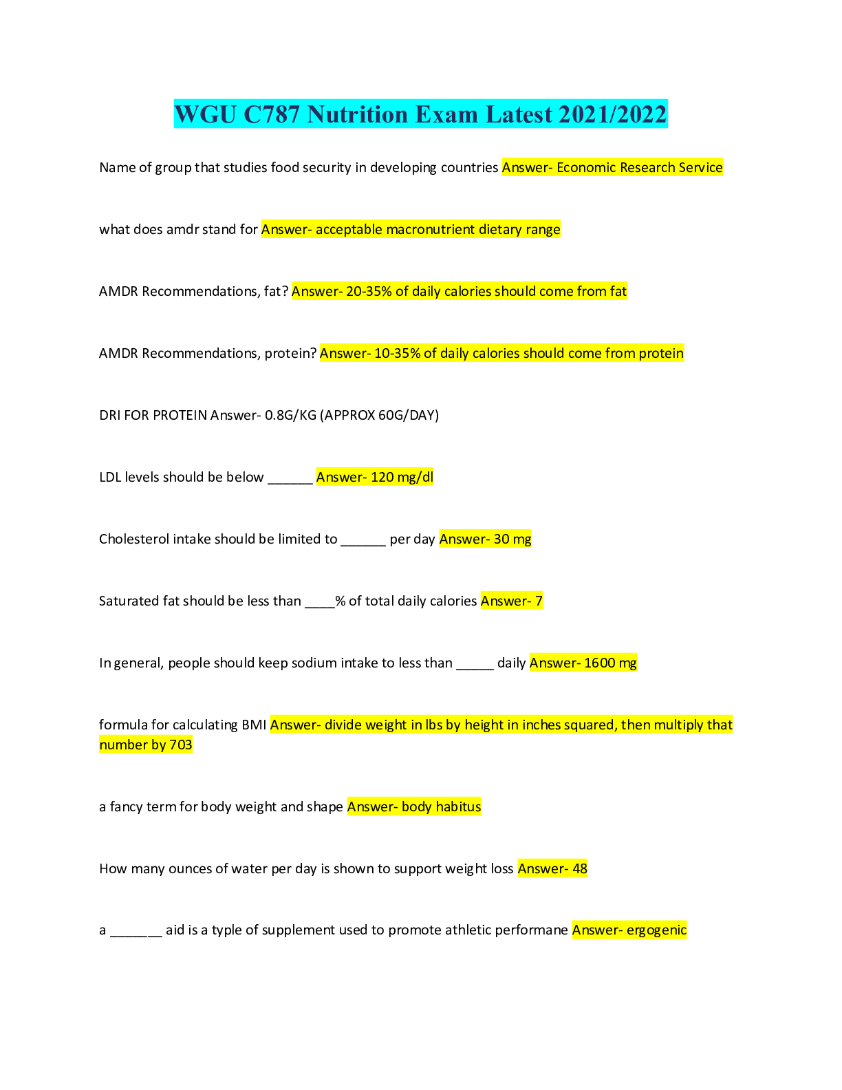 Preview image for WGU C787 Nutrition Exam Latest 2021/2022
